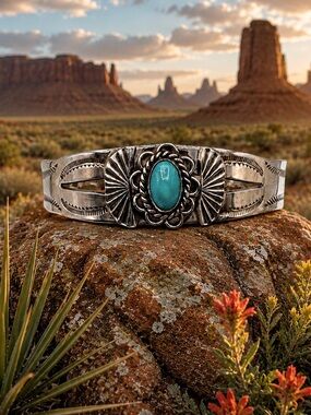 Native American Fred Harvey Sterling Silver Natural Turquoise Cuff Bracelet